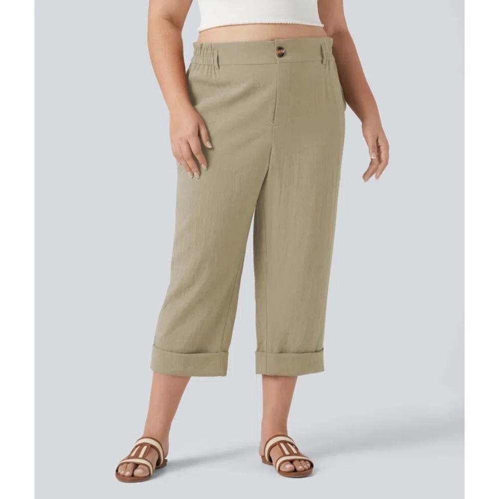 Halara High Waisted Linen Feel Capri Pants XL Beige NWT